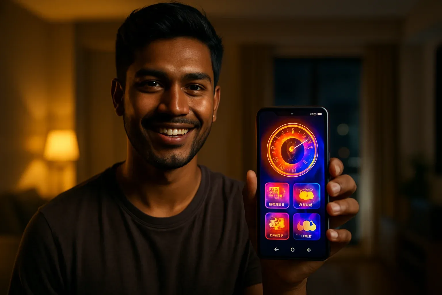 Young Bangladeshi man smiling, holding smartphone showing glowing casino app interface