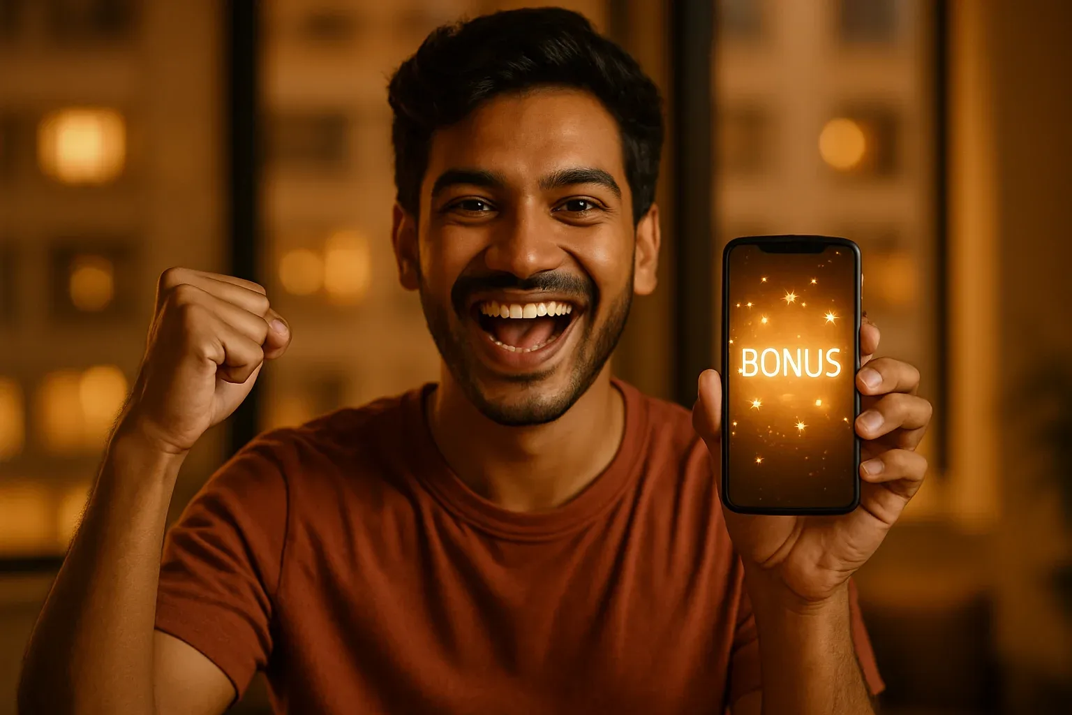 Joyful young Bangladeshi man celebrating, holding smartphone with glowing bonus notification