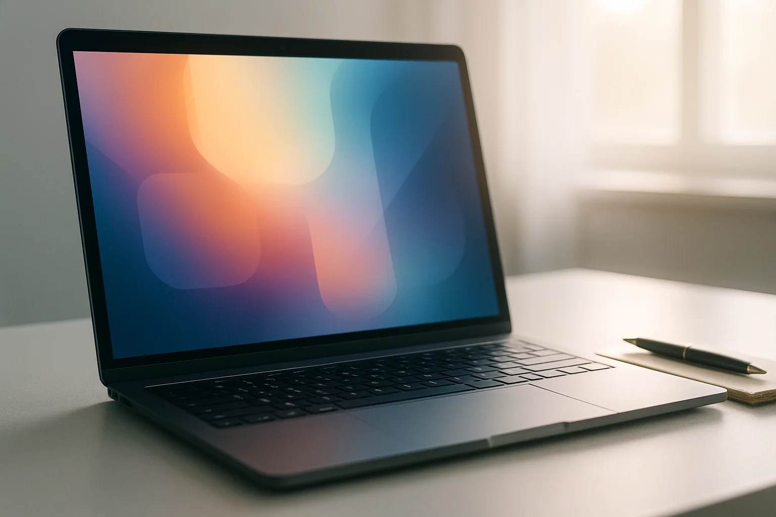 Modern laptop on white desk with abstract glowing screen, pen and notepad