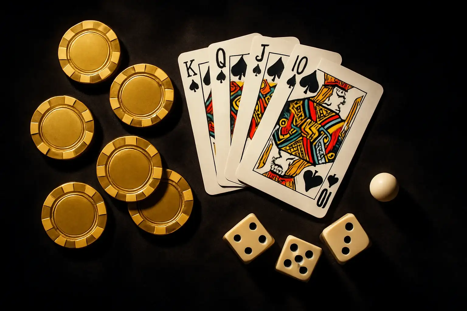 Top-down casino flat lay with chips, cards, dice, and roulette ball