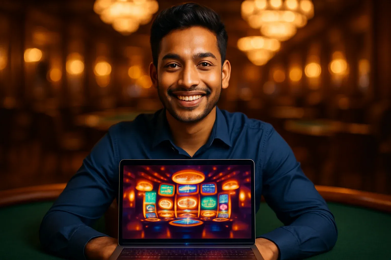 Cheerful Bangladeshi man in navy shirt using laptop at casino lounge