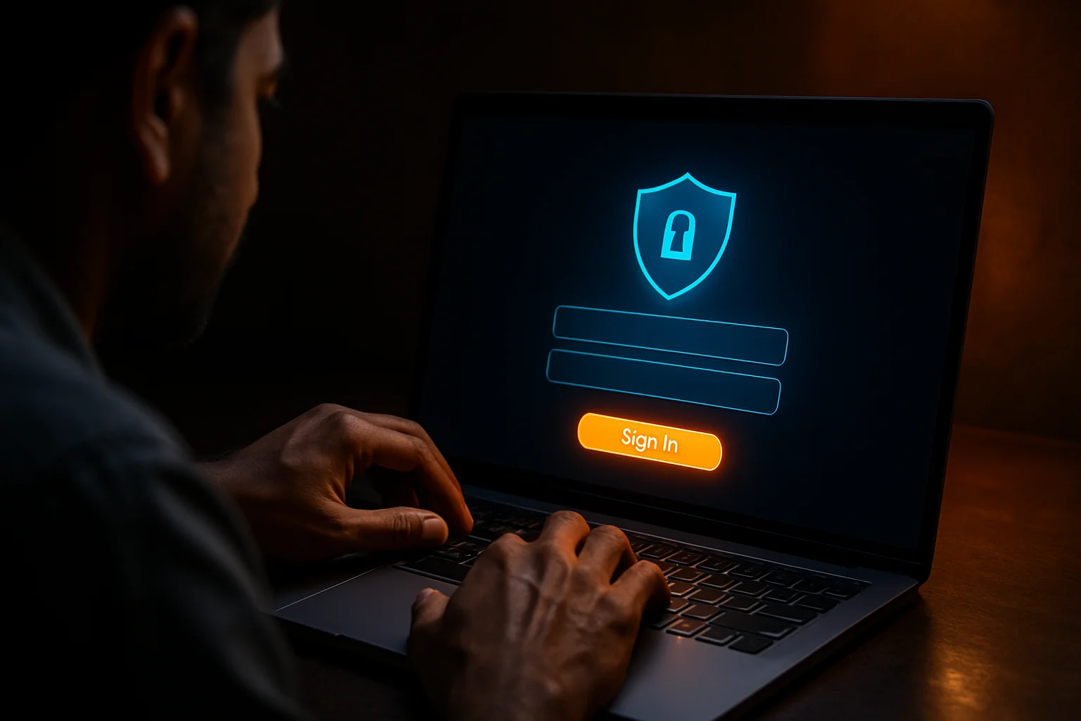 Bangladeshi hands using modern laptop with glowing login form on screen