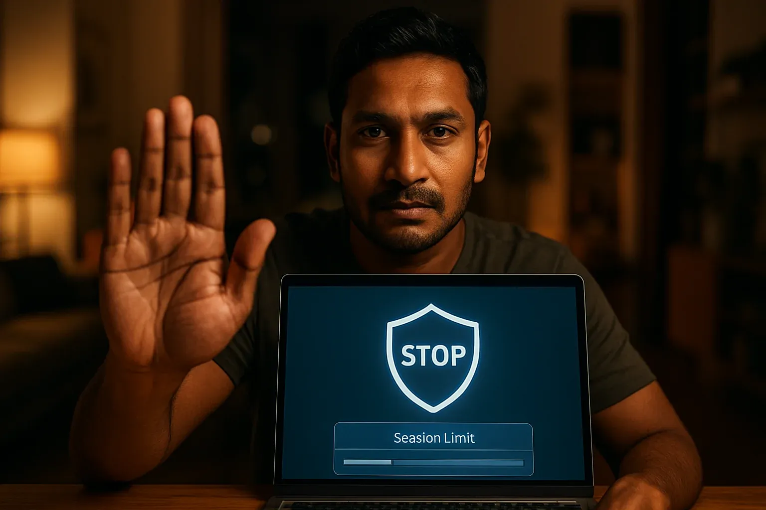 Bangladeshi man shows stop gesture beside laptop with session limit icon