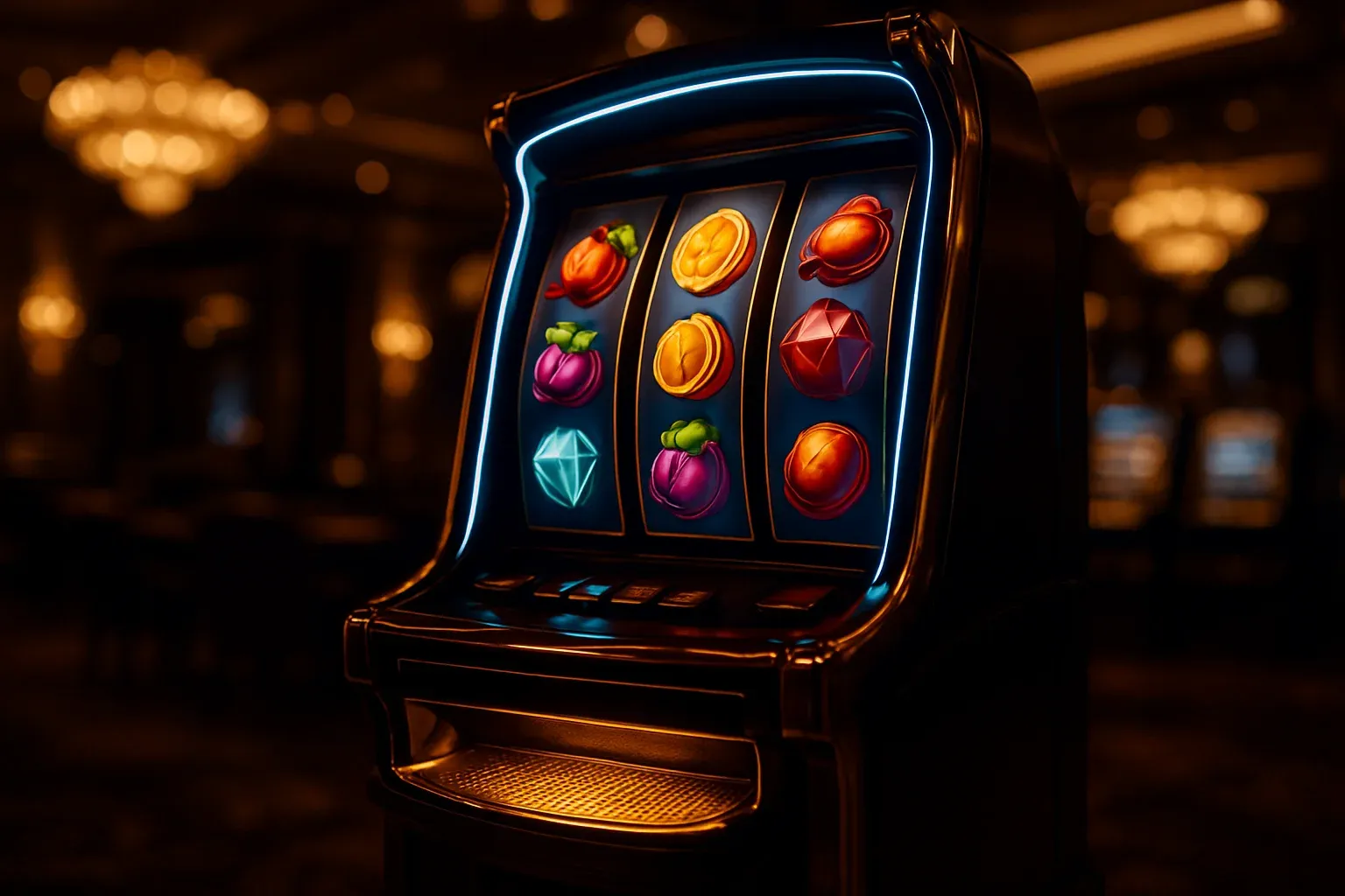 Hyperrealistic wide shot of premium slot machine in dark luxury casino